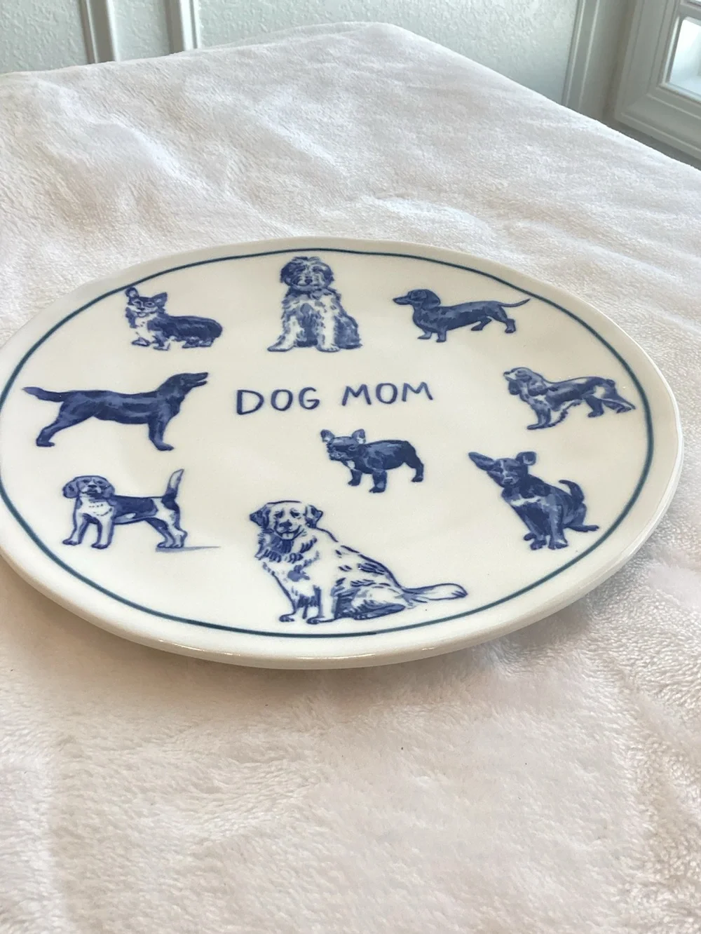 Anthropologie Stoneware Dog Mom Plate Dessert Molly Hatch New White Blue 8.25”